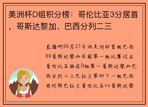 美洲杯D组积分榜：哥伦比亚3分居首，哥斯达黎加、巴西分列二三