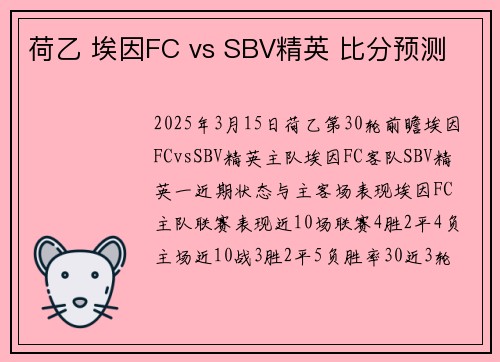 荷乙 埃因FC vs SBV精英 比分预测
