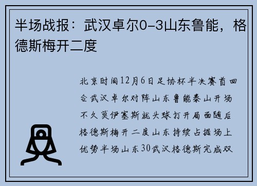 半场战报：武汉卓尔0-3山东鲁能，格德斯梅开二度